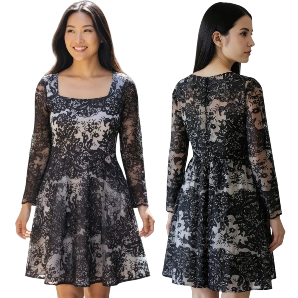 Marchesa Notte Talulah Black Floral Lace Tulle Scoop Neck Mini Dress Size 6 NWT
